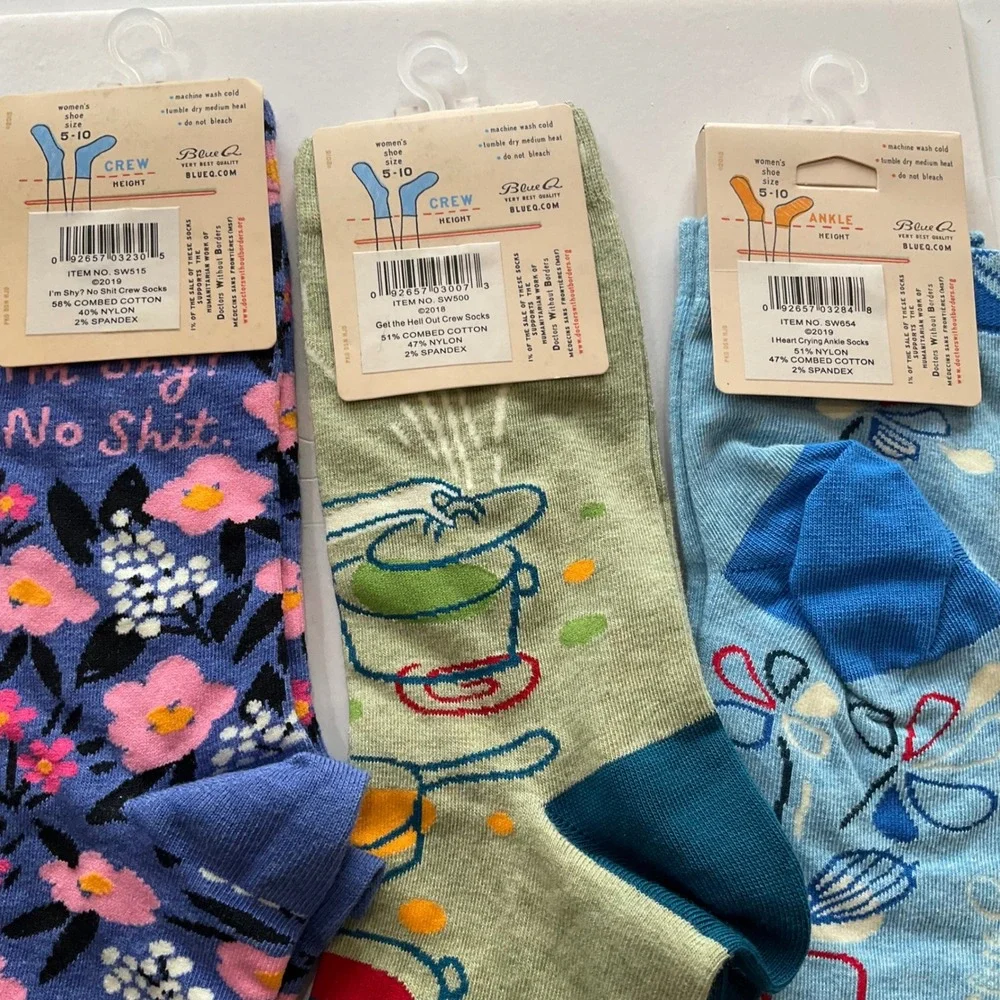 Blue Q Novelty Socks Bundle 3 Pairs Women Funny Snarky Crew Ankle Size 5-10 NEW